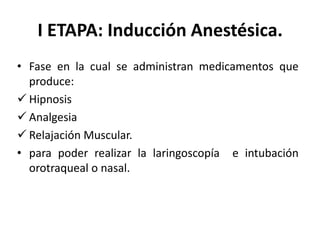 I ETAPA: Inducción Anestésica.
• Fase en la cual se administran medicamentos que
  produce:
 Hipnosis
 Analgesia
 Relaj...