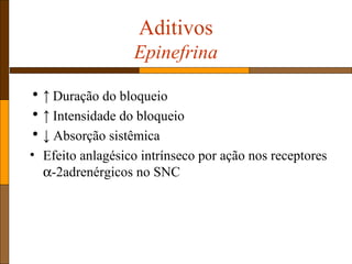Aditivos
Epinefrina
• ↑ Duração do bloqueio
• ↑ Intensidade do bloqueio
• ↓ Absorção sistêmica
• Efeito anlagésico intrínseco por ação nos receptores
α-2adrenérgicos no SNC
 