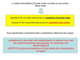 A cadeia intermediária (CI) pode conter um éster ou uma amida.
Deste modo:
Quando CI for um éster trata-se de um anestésico local tipo éster.
Quando CI for uma amida trata-se de um anestésico tipo amida.
Essa classificação é importante dado o metabolismo diferencial das drogas:
anestésicos do tipo éster são metabolizados no plasma e por isso
são preferencialmente administrados em pacientes com
INSUFICIÊNCIA
HEPÁTICA já que os anestésicos do tipo amida são metabolizados
no fígado.
 