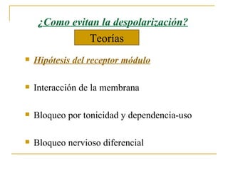 ¿Como evitan la despolarización? Hipótesis del receptor módulo Interacción de la membrana Bloqueo por tonicidad y dependencia-uso Bloqueo nervioso diferencial Teorías 