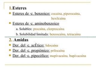 1. Esteres Esteres de ác. benzoico:   cocaína, piperocaína,  hexilcaína   Esteres de ác. aminobenzoico a. Solubles:   procaína, clorprocaína b. Solubilidad limitada:   benzocaína, tetracaína 2.  Amidas Der. del ác. acético:   lidocaína Der. del ác. propiónico:   prilocaína Der. del ác. pipecólico:   mepivacaína ,  bupivacaína 
