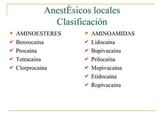 Anestésicos locales Clasificación AMINOESTERES Benzocaina Procaina Tetracaina Clorprocaina AMINOAMIDAS Lidocaina Bupivacaina Prilocaina Mepivacaina Etidocaina Ropivacaina 