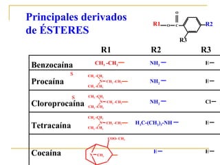 s s Principales derivados de ÉSTERES R1 R2 R3 C O R1 R2 O R3 CH 3  -CH 2 Benzocaína NH 2 H Procaína NH 2 H CH 2  -CH 2 N CH 3  -CH 2 CH 3  -CH 2 Cloroprocaína CH 2  -CH 2 N CH 3  -CH 2 CH 3  -CH 2 NH 2 Cl Tetracaína H 3 C-(CH 2 ) 3 -NH H CH 2  -CH 2 N CH 3  -CH 2 CH 3  -CH 2 N CH 3 COO- CH 3 Cocaína H H 