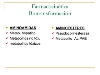 Farmacocinética Biotransformación AMINOAMIDAS Metab. hepático Metabolitos no tóx. metabolitos tóxicos AMINOESTERES Pseudocolinesterasa Metabolito  Ac.PAB 