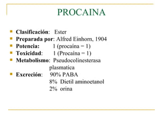 PROCAINA Clasificación :  Ester Preparada por : Alfred Einhorn, 1904 Potencia:   1 (procaína = 1) Toxicidad :  1 (Procaína = 1) Metabolismo :  Pseudocolinesterasa  plasmatica Excreción :  90% PABA 8%  Dietil aminoetanol 2%  orina  