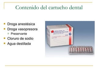 Contenido del cartucho dental Droga anestésica Droga vasopresora Preservante Cloruro de sodio Agua destilada 
