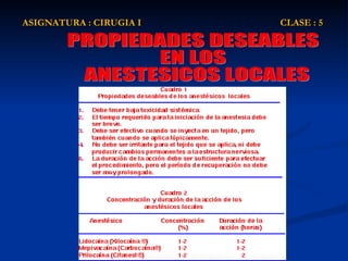 ASIGNATURA : CIRUGIA I  CLASE : 5 PROPIEDADES DESEABLES EN LOS ANESTESICOS LOCALES 