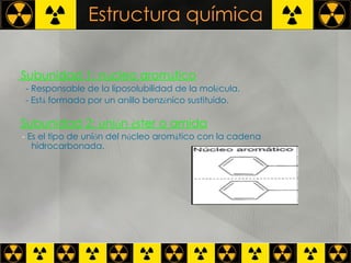 Estructura química Subunidad 1: n ú cleo arom á tico   - Responsable de la liposolubilidad de la mol é cula.  - Est á  formada por un anillo benz é nico sustituido. Subunidad 2: uni ó n  é ster o amida   -  Es el tipo de uni ó n del n ú cleo arom á tico con la cadena hidrocarbonada.  
