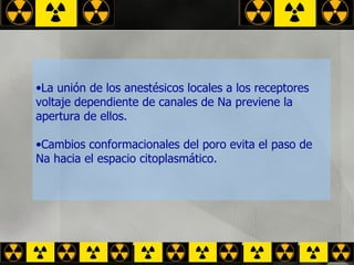 La unión de los anestésicos locales a los receptores voltaje dependiente de canales de Na previene la  apertura de ellos. Cambios conformacionales del poro evita el paso de  Na hacia el espacio citoplasmático. 
