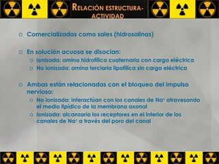 R ELACIÓN ESTRUCTURA- ACTIVIDAD Comercializados como sales (hidrosalinas) En solución acuosa se disocian: Ionizada: amina hidrofílica cuaternaria con carga eléctrica No ionizada: amina terciaria lipofílica sin carga eléctrica Ambas están relacionadas con el bloqueo del impulso nervioso: No ionizada: interactúan con los canales de Na +  atravesando el medio lipídico de la membrana axonal Ionizada: alcanzaría los receptores en el interior de los canales de Na +  a través del poro del canal 