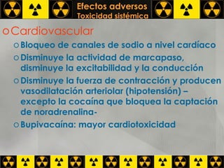 Efectos adversos   Toxicidad sistémica Cardiovascular Bloqueo de canales de sodio a nivel cardíaco Disminuye la actividad de marcapaso, disminuye la excitabilidad y la conducción Disminuye la fuerza de contracción y producen vasodilatación arteriolar (hipotensión) –excepto la cocaína que bloquea la captación de noradrenalina- Bupivacaína: mayor cardiotoxicidad 