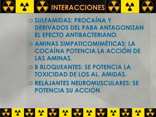 INTERACCIONES SULFAMIDAS: PROCAÍNA Y DERIVADOS DEL PABA ANTAGONIZAN EL EFECTO ANTIBACTERIANO. AMINAS SIMPATICOMIMÉTICAS: LA COCAÍNA POTENCIA LA ACCIÓN DE LAS AMINAS. B BLOQUEANTES: SE POTENCIA LA TOXICIDAD DE LOS AL. AMIDAS. RELAJANTES NEUROMUSCULARES: SE POTENCIA SU ACCIÓN. 
