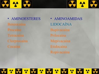 AMINOESTERES Benzocaína Procaína Tetracaína Clorprocaína Cocaína AMINOAMIDAS LIDOCAÍNA Bupivacaína Prilocaína Mepivacaína Etidocaína Ropivacaína 
