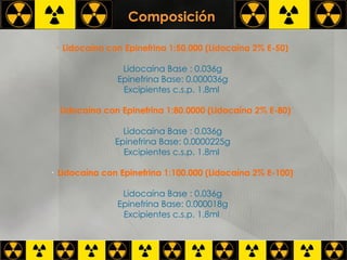 Composición  ·  Lidocaína con Epinefrina 1:50.000 (Lidocaína 2% E-50)  Lidocaína Base : 0.036g Epinefrina Base: 0.000036g Excipientes c.s.p. 1.8ml  ·  Lidocaína con Epinefrina 1:80.0000 (Lidocaína 2% E-80)   Lidocaína Base : 0.036g Epinefrina Base: 0.0000225g Excipientes c.s.p. 1.8ml  ·   Lidocaína con Epinefrina 1:100.000 (Lidocaína 2% E-100)   Lidocaína Base : 0.036g Epinefrina Base: 0.000018g Excipientes c.s.p. 1.8ml   
