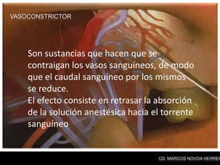 VASOCONSTRICTOR




    Son sustancias que hacen que se
    contraigan los vasos sanguíneos, de modo
    que el caudal sanguíneo por los mismos
    se reduce.
    El efecto consiste en retrasar la absorción
    de la solución anestésica hacia el torrente
    sanguíneo


                                     CD. MARCOS NOVOA HERRER
 