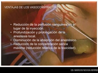 VENTAJAS DE LOS VASOCONSTRICTORES




   • Reducción de la perfusión sanguínea en el
     lugar de la inyección.
   • Profundización y prolongación de la
     anestesia local.
   • Disminución de la absorción del anestésico.
   • Reducción de la concentración serica
     máxima (reducción relativa de la toxicidad).




                                            CD. MARCOS NOVOA HERRER
 