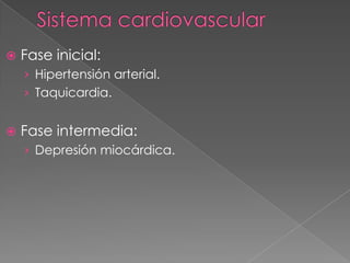    Fase inicial:
    › Hipertensión arterial.
    › Taquicardia.


   Fase intermedia:
    › Depresión miocárdica.
 