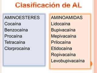 AMINOESTERES
Cocaína
Benzocaína
Procaína
Tetracaína
Clorprocaína

AMINOAMIDAS
Lidocaína
Bupivacaína
Mepivacaína
Prilocaína
Etidocaína
Ropivacaína
Levobupivacaína

 