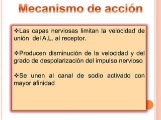Las capas nerviosas limitan la velocidad de
unión del A.L. al receptor.
Producen disminución de la velocidad y del
grado de despolarización del impulso nervioso
Se unen al canal de sodio activado con
mayor afinidad

 
