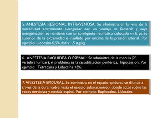 5. ANESTESIA REGIONAL INTRAVENOSA: Se administra en la vena de la 
extremidad previamente exanguinar con un vendaje de Esmarch y cuya 
exanguinación se mantiene con un torniquete neumático colocado en la parte 
superior de la extremidad e insuflado por encima de la presión arterial. Por 
ejemplo: Lidocaína 0,5%,dosis 1,5 mg/kg 
5. ANESTESIA REGIONAL INTRAVENOSA: Se administra en la vena de la 
extremidad previamente exanguinar con un vendaje de Esmarch y cuya 
exanguinación se mantiene con un torniquete neumático colocado en la parte 
superior de la extremidad e insuflado por encima de la presión arterial. Por 
ejemplo: Lidocaína 0,5%,dosis 1,5 mg/kg 
6. ANESTESIA RAQUIDEA O ESPINAL: Se administra de la medula (2° 
vertebra lumbar), el problema es la vasodilatación periférica, hipotension. Por 
ejemplo: Tetracaina y Lidocaína <5%. 
6. ANESTESIA RAQUIDEA O ESPINAL: Se administra de la medula (2° 
vertebra lumbar), el problema es la vasodilatación periférica, hipotension. Por 
ejemplo: Tetracaina y Lidocaína <5%. 
7. ANESTESIA EPIDURAL: Se administra en el espacio epidural, se difunde a 
través de la dura madre hasta el espacio subaracnoideo, donde actúa sobre las 
raíces nerviosas y medula espinal. Por ejemplo: Bupivacaina, Lidocaína. 
7. ANESTESIA EPIDURAL: Se administra en el espacio epidural, se difunde a 
través de la dura madre hasta el espacio subaracnoideo, donde actúa sobre las 
raíces nerviosas y medula espinal. Por ejemplo: Bupivacaina, Lidocaína. 
 