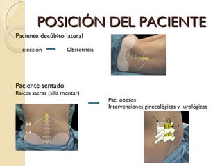 PPOOSSIICCIIÓÓNN DDEELL PPAACCIIEENNTTEE 
Paciente decúbito lateral 
elección Obstetricia 
Paciente sentado 
Raíces sacras (silla montar) 
Pac. obesos 
Intervenciones ginecológicas y urológicas 
 