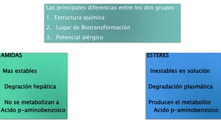 AMIDAS
Mas estables
Degración hepática
No se metabolizan a
Acido p-aminobenzoico
ESTERES
Inestables en solución
Degradación plasmática
Producen el metabolito
Acido p-aminobenzoico
Las principales diferencias entre los dos grupos :
1. Estructura química
2. Lugar de Biotransformación
3. Potencial alérgico
 