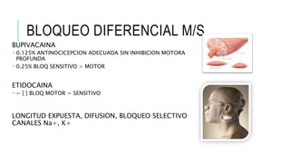 BLOQUEO DIFERENCIAL M/S
BUPIVACAINA
 0.125% ANTINOCICEPCION ADECUADA SIN INHIBICION MOTORA
PROFUNDA
 0.25% BLOQ SENSITIVO > MOTOR
ETIDOCAINA
 = [ ] BLOQ MOTOR = SENSITIVO
LONGITUD EXPUESTA, DIFUSION, BLOQUEO SELECTIVO
CANALES Na+, K+
 
