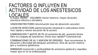 FACTORES Q INFLUYEN EN
ACTIVIDAD DE LOS ANESTESICOS
LOCALESA mayor (DOSIS – VOLUMEN) menor latencia, mayor duración,
anestesia efectiva y duradera
VASOCONSTRICTORES (disminución tasa de absorción vascular)
LUGAR DE INYECCION (administración intratecal o subcutánea inicio
mas rápido y menor duración de la accion)
CARBONACION Y AJUSTE DE Ph (al aumento de pH, aumenta forma
libre no cargada de anestésico. Inicio mas rápido?? Controversial.
COMBINACIONES DE AL Y ADICION DE OPIOIDES : Para incrementar la
duración y densidad del bloqueo anestésico. Sitio de accion materia
gris y sustancia gelatinosa.
EMBARAZO (extensión y profundidad de anestesia epidural y raquídea
mayor que en la no embarazada)
 