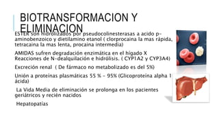 BIOTRANSFORMACION Y
ELIMINACIONESTER son hidrolizados por pseudocolinesterasas a acido p-
aminobenzoico y dietilamino etanol ( clorprocaina la mas rápida,
tetracaina la mas lenta, procaina intermedia)
AMIDAS sufren degradación enzimática en el hígado X
Reacciones de N-dealquilación e hidrólisis. ( CYP1A2 y CYP3A4)
Excreción renal ( De fármaco no metabolizado es del 5%)
Unión a proteínas plasmáticas 55 % - 95% (Glicoproteína alpha 1
ácida)
La Vida Media de eliminación se prolonga en los pacientes
geriátricos y recién nacidos
Hepatopatías
 
