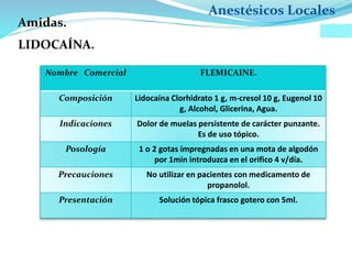 Anestésicos Locales
LIDOCAÍNA.
Nombre Comercial FLEMICAINE.
Composición Lidocaína Clorhidrato 1 g, m-cresol 10 g, Eugenol 10
g, Alcohol, Glicerina, Agua.
Indicaciones Dolor de muelas persistente de carácter punzante.
Es de uso tópico.
Posología 1 o 2 gotas impregnadas en una mota de algodón
por 1min introduzca en el orifico 4 v/día.
Precauciones No utilizar en pacientes con medicamento de
propanolol.
Presentación Solución tópica frasco gotero con 5ml.
Amidas.
 