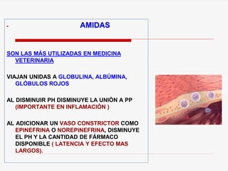 - AMIDAS
SON LAS MÁS UTILIZADAS EN MEDICINA
VETERINARIA
VIAJAN UNIDAS A GLOBULINA, ALBÚMINA,
GLÓBULOS ROJOS
AL DISMINUIR PH DISMINUYE LA UNIÓN A PP
(IMPORTANTE EN INFLAMACIÓN )
AL ADICIONAR UN VASO CONSTRICTOR COMO
EPINEFRINA O NOREPINEFRINA, DISMINUYE
EL PH Y LA CANTIDAD DE FÁRMACO
DISPONIBLE ( LATENCIA Y EFECTO MAS
LARGOS).
 