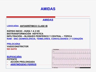AMIDAS
LIDOCAÍNA ANTIARRÍTMICO CLASE IB
RÁPIDO INICIO - DURA 1 A 2 HS
BIOTRANSFORMACIÓN HEPÁTICA
INFILTRACIÓN – BLOQUEO PERIFÉRICO Y CENTRAL – TÓPICA
RAM : SNC (SOMNOLENCIA, TEMBLORES, CONVULSIONES ) Y CORAZÓN
PRILOCAÍNA
VASOCONSTRICTOR
NO GATO
BUPIVACAÍNA
POTENTE
- ACCIÓN PROLONGADA
- ARRITMÓGENO PERROS
AMIDAS
 