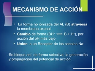MECANISMO DE ACCIÓN
• La forma no ionizada del AL (B) atraviesa
la membrana axonal
• Cambio de forma (BH+
B + H+
), por
acción del pH más bajo
• Union a un Receptor de los canales Na+
Se bloque así, de forma selectiva, la generación
y propagación del potencial de acción.
 