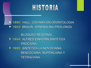  1890:1890: HALL, COCAINA EN ODONTOLOGIAHALL, COCAINA EN ODONTOLOGIA
 1903:1903: BRAUN, ADRENALINA PROLONGABRAUN, ADRENALINA PROLONGA
BLOQUEO REGIONAL.BLOQUEO REGIONAL.
 1904:1904: ALFRED EINHORN SINTETIZAALFRED EINHORN SINTETIZA
PROCAPROCAÍÍNA.NA.
 1905:1905: SINTETIZA LA NOVOCAINA,SINTETIZA LA NOVOCAINA,
BENZOCAINA, NUPERCAINA YBENZOCAINA, NUPERCAINA Y
TETRACATETRACAÍÍNA.NA.
 