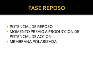    POTENCIAL DE REPOSO
   MOMENTO PREVIO A PRODUCCION DE
    POTENCIAL DE ACCION
   MEMBRANA POLARIZADA
 