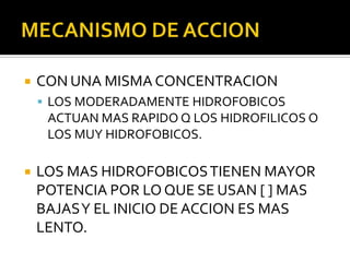    CON UNA MISMA CONCENTRACION
     LOS MODERADAMENTE HIDROFOBICOS
     ACTUAN MAS RAPIDO Q LOS HIDROFILICOS O
     LOS MUY HIDROFOBICOS.

   LOS MAS HIDROFOBICOS TIENEN MAYOR
    POTENCIA POR LO QUE SE USAN [ ] MAS
    BAJAS Y EL INICIO DE ACCION ES MAS
    LENTO.
 