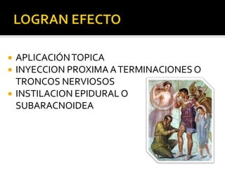    APLICACIÓN TOPICA
   INYECCION PROXIMA A TERMINACIONES O
    TRONCOS NERVIOSOS
   INSTILACION EPIDURAL O
    SUBARACNOIDEA
 