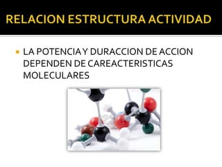    LA POTENCIA Y DURACCION DE ACCION
    DEPENDEN DE CAREACTERISTICAS
    MOLECULARES
 
