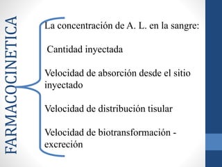 FARMACOCINETICA
La concentración de A. L. en la sangre:
Cantidad inyectada
Velocidad de absorción desde el sitio
inyectado
Velocidad de distribución tisular
Velocidad de biotransformación -
excreción
 