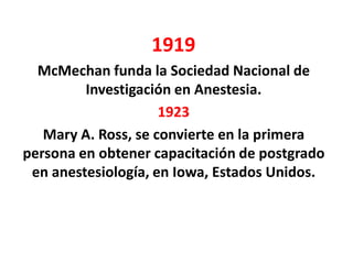1919
  McMechan funda la Sociedad Nacional de
         Investigación en Anestesia.
                     1923
   Mary A. Ross, se convierte en la primera
persona en obtener capacitación de postgrado
 en anestesiología, en Iowa, Estados Unidos.
 