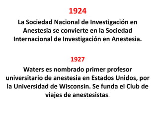 1924
    La Sociedad Nacional de Investigación en
      Anestesia se convierte en la Sociedad
  Internacional de Investigación en Anestesia.

                       1927
      Waters es nombrado primer profesor
universitario de anestesia en Estados Unidos, por
la Universidad de Wisconsin. Se funda el Club de
              viajes de anestesistas.
 