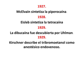1927.
     McElvain sintetiza la piperocaína.
                   1928.
       Eisleb sintetiza la tetracaína
                   1929.
La dibucaína fue descubierta por Uhlman.
                   1929.
Kirschner describe el tribromoetanol como
         anestésico endovenoso.
 
