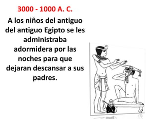 3000 - 1000 A. C.
 A los niños del antiguo
del antiguo Egipto se les
      administraba
   adormidera por las
    noches para que
dejaran descansar a sus
         padres.
 