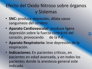 Efecto del Oxido Nitroso sobre órganos
              y Sistemas
• SNC: produce depresión, dilata vasos
  sanguíneos del cerebro.
• Aparato Cardiovascular: produce ligera
  depresión sobre la fuerza contráctil del
  corazón, provocando de la P.A.
• Aparato Respiratorio: leve depresión de la
  respiración.
• Indicaciones: En pacientes críticos, en
  pacientes en edad avanzada, y en todos los
  pacientes donde la anestesia general este
  indicada.
 