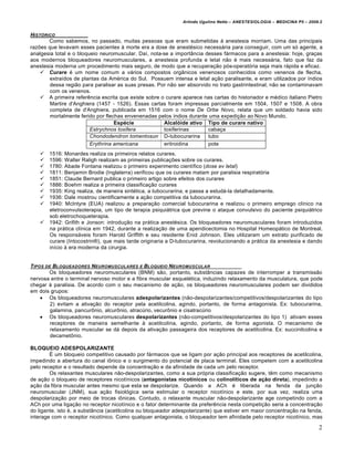 Arlindo Ugulino Netto – ANESTESIOLOGIA – MEDICINA P5 – 2009.2


HISTƒRICO
       Como sabemos, no passado, muitas pessoas que eram submetidas à anestesia morriam. Uma das principais
razões que levavam esses pacientes à morte era a dose de anestésico necessária para conseguir, com um só agente, a
analgesia total e o bloqueio neuromuscular. Daí, nota-se a importância desses fármacos para a anestesia: hoje, graças
aos modernos bloqueadores neuromusculares, a anestesia profunda e letal não é mais necessária, fato que faz da
anestesia moderna um procedimento mais seguro, de modo que a recuperação pós-operatória seja mais rápida e eficaz.
     Curare é um nome comum a vários compostos orgânicos venenosos conhecidos como venenos de flecha,
        extraídos de plantas da América do Sul. Possuem intensa e letal ação paralisante, e eram utilizados por índios
        dessa região para paralisar as suas presas. Por não ser absorvido no trato gastrintestinal, não se contaminavam
        com os venenos.
     A primeira referência escrita que existe sobre o curare aparece nas cartas do historiador e médico italiano Pietro
        Martire d'Anghiera (1457 - 1526). Essas cartas foram impressas parcialmente em 1504, 1507 e 1508. A obra
        completa de d'Anghiera, publicada em 1516 com o nome De Orbe Novo, relata que um soldado havia sido
        mortalmente ferido por flechas envenenadas pelos índios durante uma expedição ao Novo Mundo.
                                   Espécie            Alcalóide ativo Tipo de curare nativo
                         Estrychnos toxifera          toxiferinas       cabaça
                         Chondodendron tomentosun D-tubocurarina        tubo
                         Erythrina americana          eritroidina       pote
       1516: Monardes realiza os primeiros relatos curares.
       1596: Walter Raligh realizam as primeiras publicações sobre os curares.
       1780: Abade Fontana realizou o primeiro experimento científico (dose ev letal)
       1811: Benjamin Brodie (Inglaterra) verificou que os curares matam por paralisia respiratória
       1851: Claude Bernard publica o primeiro artigo sobre efeitos dos curares
       1886: Boehm realiza a primeira classificação curares
       1935: King realiza, de maneira sintética, a tubocurarina, e passa a estudá-la detalhadamente.
       1936: Dale mostrou cientificamente a ação competitiva da tubocurarina.
       1940: McIntyre (EUA) realizou a preparação comercial tubocurarina e realizou o primeiro emprego clínico na
        eletroconvulsoterapia, um tipo de terapia psiquiátrica que previne o ataque convulsivo do paciente psiquiátrico
        sob eletrochoqueterapia.
       1942: Grifith e Jonson: introdução na prática anestésica. Os bloqueadores neuromusculares foram introduzidos
        na prática clínica em 1942, durante a realização de uma apendicectomia no Hospital Homeopático de Montreal.
        Os responsáveis foram Harold Griffith e seu residente Enid Johnson. Eles utilizaram um extrato purificado de
        curare (Intocostrin®), que mais tarde originaria a D-tubocurarina, revolucionando a prática da anestesia e dando
        início à era moderna da cirurgia.


TIPOS DE BLOQUEADORES NEUROMUSCULARES E BLOQUEIO NEUROMUSCULAR
       Os bloqueadores neuromusculares (BNM) são, portanto, substâncias capazes de interromper a transmissão
nervosa entre o terminal nervoso motor e a fibra muscular esquelética, induzindo relaxamento da musculatura, que pode
chegar à paralisia. De acordo com o seu mecanismo de ação, os bloqueadores neuromusculares podem ser divididos
em dois grupos:
     Os bloqueadores neuromusculares adespolarizantes (não-despolarizantes/competitivos/despolarizantes do tipo
        2) evitam a ativação do receptor pela acetilcolina, agindo, portanto, de forma antagonista. Ex: tubocurarina,
        galamina, pancurônio, alcurônio, atracúrio, vecurônio e cisatracúrio
     Os bloqueadores neuromusculares despolarizantes (não-competitivos/despolarizantes do tipo 1) ativam esses
        receptores de maneira semelhante à acetilcolina, agindo, portanto, de forma agonista. O mecanismo de
        relaxamento muscular se dá depois da ativação passageira dos receptores de acetilcolina. Ex: succinilcolina e
        decametônio.

BLOQUEIO ADESPOLARIZANTE
        É um bloqueio competitivo causado por fármacos que se ligam por ação principal aos receptores de acetilcolina,
impedindo a abertura do canal iônico e o surgimento do potencial de placa terminal. Eles competem com a acetilcolina
pelo receptor e o resultado depende da concentração e da afinidade de cada um pelo receptor.
        Os relaxantes musculares não-despolarizantes, como a sua própria classificação sugere, têm como mecanismo
de ação o bloqueio de receptores nicotínicos (antagonistas nicotínicos ou colinolíticos de ação direta), impedindo a
ação da fibra muscular antes mesmo que esta se despolarize. Quando a ACh é liberada na fenda da junção
neuromuscular (JNM), sua ação fisiológica seria estimular o receptor nicotínico e este, por sua vez, realiza uma
despolarização por meio de trocas iônicas. Contudo, o relaxante muscular não-despolarizante age competindo com a
ACh por uma ligação no receptor nicotínico e o fator determinante da preferência nesta competição seria a concentração
do ligante, isto é, a substância (acetilcolina ou bloqueador adespolarizante) que estiver em maior concentração na fenda,
interage com o receptor nicotínico. Como qualquer antagonista, o bloqueador tem afinidade pelo receptor nicotínico, mas

                                                                                                                          2
 