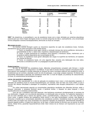 Arlindo Ugulino Netto – ANESTESIOLOGIA – MEDICINA P5 – 2009.2




    1
OBS : Na obstetr€cica, • aconselh‚vel o uso de anest•sicos locais com a maior afinidade por prote€nas plasm‚ticas
poss€vel para que menor fraƒ„o n„o-ligada circule na corrente sangu€nea da m„e e, eventualmente, uma concentraƒ„o
m€nima ultrapasse a barreira hematoplacent‚ria, diminuindo os riscos ao concepto.


MECANISMO DE A…†O
       Os diversos autores divergem quanto ao mecanismo espec€fico de aƒ„o dos anest•sicos locais. Contudo,
abordaremos aqui as quatro principais e mais aceitas teorias:
             1… Teoria: os anest•sicos locais agem inibindo a conduƒ„o nervosa dos nervos perif•ricos, diminuindo a
             permeabilidade do Na+ e, deste modo, impedindo a despolarizaƒ„o da membrana.
             2… Teoria: a fraƒ„o lipossol†vel do anest•sico local expande a membrana celular, interferindo com a
             condut‡ncia el•trica dependente das concentraƒˆes de Na+.
             3… Teoria: os anest•sicos locais geram alteraƒˆes das cargas na superf€cie da membrana, em especial,
             nos n‰dulos de Ranvier.
             4… Teoria: os anest•sicos locais, em uma segunda fase, causaria uma deslocaƒ„o dos €ons c‚lcio,
             diminuindo a condut‡ncia ao Na+ e a propagaƒ„o do potencial de aƒ„o.


FARMACOCIN„TICA
        No sitio de deposiƒ„o dos anest•sicos locais, diferentes compartimentos competem pelo f‚rmaco: o tecido
nervoso e o adiposo, os vasos sangu€neos e os linf‚ticos. O que resta no tecido nervoso • apenas uma pequena parte.
Para garantir boa qualidade e duraƒ„o adequada do bloqueio de menor toxicidade sistŠmica dos anest•sicos locais, •
fundamental que se controle a absorƒ„o a partir do s€tio de aplicaƒ„o, o que exige cuidados especiais. Os fatores mais
importantes relacionados ‹ absorƒ„o dos anest•sicos locais s„o: (1) local de injeƒ„o; (2) presenƒa de vasoconstrictor;
(3) dose; (4) caracter€sticas farmacol‰gicas do agente.

LOCAL DE INJEÇÃO E ABSORÇÃO
         Quanto mais vascularizado for o s€tio de aplicaƒ„o do anest•sico local, maior o n€vel plasm‚tico esperado. A
aplicaƒ„o de anest•sico local na mucosa traqueobrŒnquica, por exemplo, deve ser feita com muito crit•rio, j‚ que a
mucosa n„o oferece dificuldade ‹ passagem do anest•sico, equivalendo esta situaƒ„o praticamente a uma injeƒ„o
venosa.
         Em ordem descrescente segundo as concentraƒˆes plasm‚ticas resultantes das diferentes t•cnicas, est„o o
bloqueio intercostal, a anestesia peridural sacral, a peridural lombar, o bloqueio do plexo braquial, o nervo
isqui‚tico/femoral e a anestesia subaracn‰idea.
         Uma vez que o anest•sico local seja absorvido, dois fenŒmenos acontecem simultaneamente no processo de
sua distribuiƒ„o: a ligaƒ„o com as prote€nas plasm‚ticas e a distribuiƒ„o para os tecidos. A α1-globulina representa o
s€tio de maior afinidade para a maioria dos agentes, por•m, quantitativamente, a albumina • o sitio mais importante.
Como vimos, a ligaƒ„o prot•ica dos anest•sicos locais diminui a sua aƒ„o farmacol‰gica; contudo, esta ligaƒ„o •
diminu€da ‹ medida que a concentraƒ„o plasm‚tica dos anest•sicos aumenta. Anest•sicos locais de grande ligaƒ„o
prot•ica ter„o sua fraƒ„o livre muito aumentada com pequenas reduƒˆes de proteinemia, diferentemente daqueles de
pequena ligaƒ„o prot•ica. A fraƒ„o livre determina, via de regra, a fraƒ„o tecidual do f‚rmaco que vai exercer os efeitos
t‰xicos. Dessa forma, pacientes hipoproteinŠmicos ter„o maior chance de se intoxicar com bupivaca€na do que com
lidoca€na.



                                                                                                                          3
 