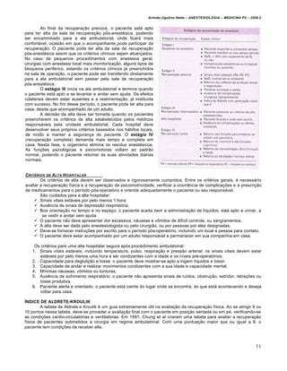 Arlindo Ugulino Netto – ANESTESIOLOGIA – MEDICINA P5 – 2009.2


        Ao final da recuperação precoce, o paciente está apto
para ter alta da sala de recuperação pós-anestésica, podendo
ser encaminhado para a ala ambulatorial, onde ficará mais
confortável, ocasião em que o acompanhante pode participar da
recuperação. O paciente pode ter alta da sala de recuperação
pós-anestésica assim que os critérios clínicos sejam alcançados.
No caso de pequenos procedimentos com anestesia geral,
cirurgias com anestesia local mais monitorização, alguns tipos de
bloqueios periférico, estando os critérios clínicos já preenchidos
na sala de operação, o paciente pode ser transferido diretamente
para a ala ambulatorial sem passar pela sala de recuperação
pós-anestésica.
        O estágio III inicia na ala ambulatorial e termina quando
o paciente está apto a se levantar e andar sem ajuda. Os efeitos
colaterais devem estar ausentes e a realimentação, já instituída
com sucesso. No fim desse período, o paciente pode ter alta para
casa, desde que acompanhado de um adulto.
        A decisão da alta deve ser tomada quando os pacientes
preencherem os critérios de alta estabelecidos pelos médicos
responsáveis pela unidade ambulatorial. Cada hospital deve
desenvolver seus próprios critérios baseados nos hábitos locais,
de modo a manter a segurança do paciente. O estágio IV
(recuperação completa) demanda mais tempo e completa em
casa. Nesta fase, o organismo elimina os resídus anestésicos.
As funções psicológicas e psicomotoras voltam ao padrão
normal, podendo o paciente retomar às suas atividades diárias
normais.


CRITƒRIOS DE A LTA H OSPITALAR
        Os critérios de alta devem ser observados e rigorosamente cumpridos. Entre os critérios gerais, é necessário
avaliar a recuperação física e a recuperação da psicomotricidade, verificar a ocorrência de complicações e a prescrição
de medicamentos para o período pós-operatório e orientar adequadamente o paciente ou seu responsável.
        São cuidados para a alta hospitalar:
      Sinais vitais estáveis por pelo menos 1 hora.
      Ausência de sinais de depressão respiratória.
      Boa orientação no tempo e no espaço; o paciente aceita bem a administração de líquidos, está apto a urinar, a
         se vestir e andar sem ajuda.
      O paciente não deve apresentar dor excessiva, náuseas e vômitos de difícil controle, ou sangramentos.
      A alta deve ser dada pelo anestesiologista ou pelo cirurgião, ou por pessoas por eles designadas.
      Deve-se fornecer instruções por escrito para o período pós-operatório, incluindo um local e pessoa para contato.
      O paciente deve estar acompanhado por um adulto responsável e permanecer em sua companhia em casa.

    Os critérios para uma alta hospitalar segura após procedimento ambulatorial:
   1. Sinais vitais estáveis, incluindo temperatura, pulso, respiração e pressão arterial: os sinais vitais devem estar
       estáveis por pelo menos uma hora e ser condizentes com a idade e os níveis pré-operatórios.
   2. Capacidade para deglutição e tosse: o paciente deve mostrar-se apto a ingerir líquidos e tossir.
   3. Capacidade de andar e realizar movimentos condizentes com a sua idade e capacidade mental.
   4. Mínimas náuseas, vômitos ou tonturas.
   5. Ausência de sofrimento respiratório: o paciente não apresenta sinais de ruídos, obstrução, estridor, retrações ou
       tosse produtiva.
   6. Paciente alerta e orientado: o paciente está ciente do lugar onde se encontra, do que está acontecendo e deseja
       voltar para casa.

ÍNDICE DE ALDRETE-KROULIK
        A tabela de Aldrete e Kroulik é um guia extremamente útil na avaliação da recuperação física. Ao se atingir 9 ou
10 pontos nessa tabela, deve-se proceder a avaliação final com o paciente em posição sentada ou em pé, verificando-se
as condições cardio-circulatórias e ventilatórias. Em 1991, Chung et al criaram uma tabela para avaliar a recuperação
física de pacientes submetidos a cirurgia em regime ambulatorial. Com uma pontuação maior que ou igual a 9, o
paciente tem condições de receber alta.



                                                                                                                         11
 