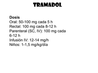 tramadol

Dosis
Oral: 50-100 mg cada 5 h
Rectal: 100 mg cada 8-12 h
Parenteral (SC, IV): 100 mg cada
6-12 h
Infusión IV: 12-14 mg/h
Niños: 1-1,5 mg/kg/día
 