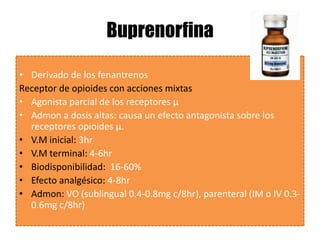 Buprenorfina

• Derivado de los fenantrenos
Receptor de opioides con acciones mixtas
• Agonista parcial de los receptores μ
• Admon a dosis altas: causa un efecto antagonista sobre los
  receptores opioides μ.
• V.M inicial: 3hr
• V.M terminal: 4-6hr
• Biodisponibilidad: 16-60%
• Efecto analgésico: 4-8hr
• Admon: VO (sublingual 0.4-0.8mg c/8hr), parenteral (IM o IV 0.3-
  0.6mg c/8hr)
 