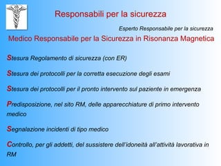 Responsabili per la sicurezza
                                              Esperto Responsabile per la sicurezza
Medico Responsabile per la Sicurezza in Risonanza Magnetica

Stesura Regolamento di sicurezza (con ER)

Stesura dei protocolli per la corretta esecuzione degli esami

Stesura dei protocolli per il pronto intervento sul paziente in emergenza

Predisposizione, nel sito RM, delle apparecchiature di primo intervento
medico

Segnalazione incidenti di tipo medico

Controllo, per gli addetti, del sussistere dell’idoneità all’attività lavorativa in
RM
 